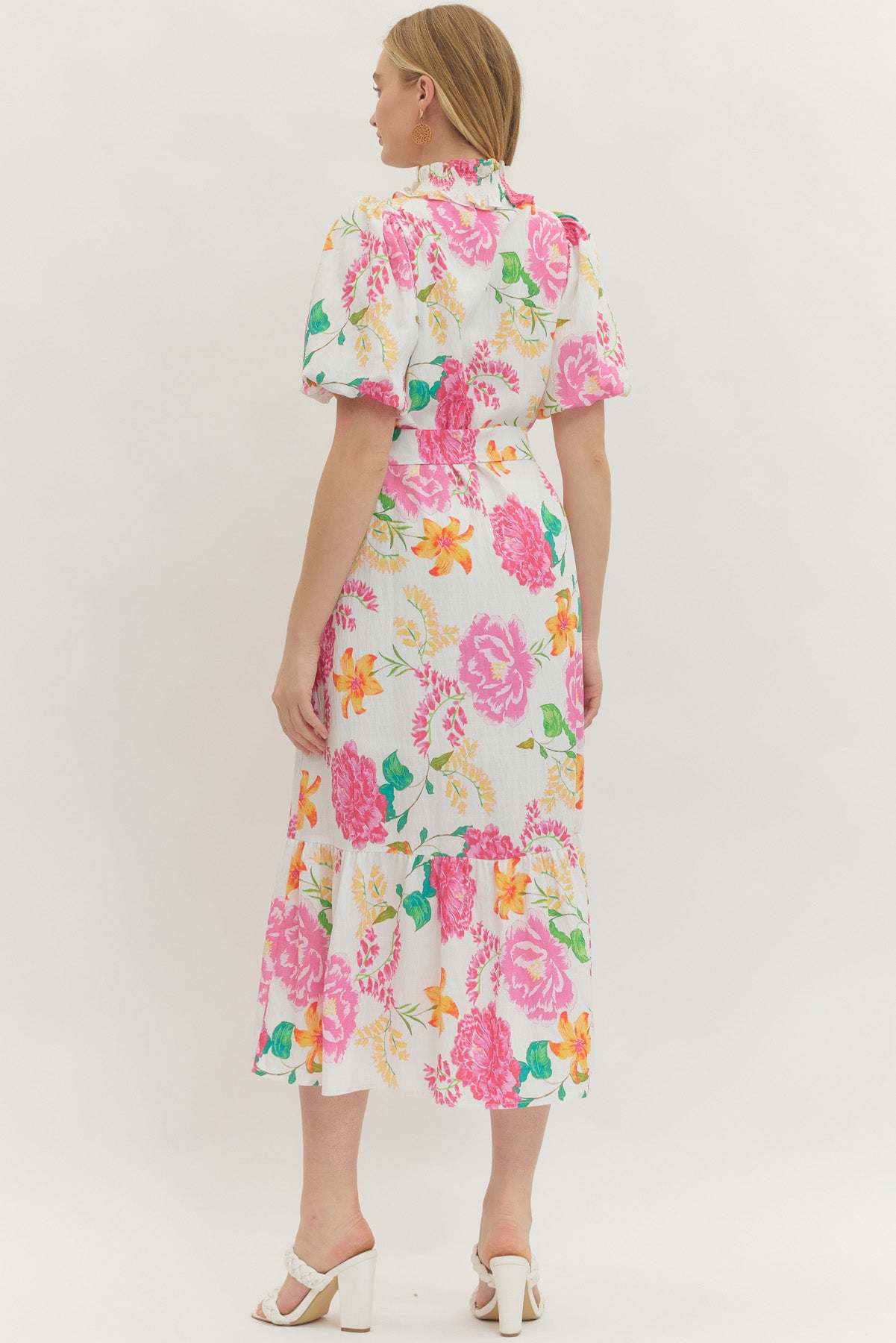 Entro Floral Print Puff Sleeve Midi Dress – Pink Multi-Midi Dresses-entro-Deja Nu Boutique, Women's Fashion Boutique in Lampasas, Texas