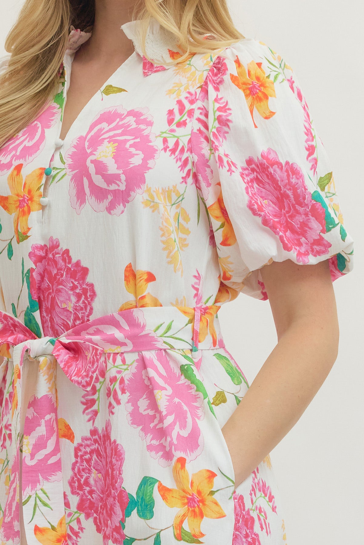 Entro Floral Print Puff Sleeve Midi Dress – Pink Multi-Midi Dresses-entro-Deja Nu Boutique, Women's Fashion Boutique in Lampasas, Texas