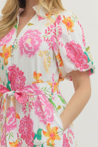 Entro Floral Print Puff Sleeve Midi Dress – Pink Multi-Midi Dresses-entro-Deja Nu Boutique, Women's Fashion Boutique in Lampasas, Texas
