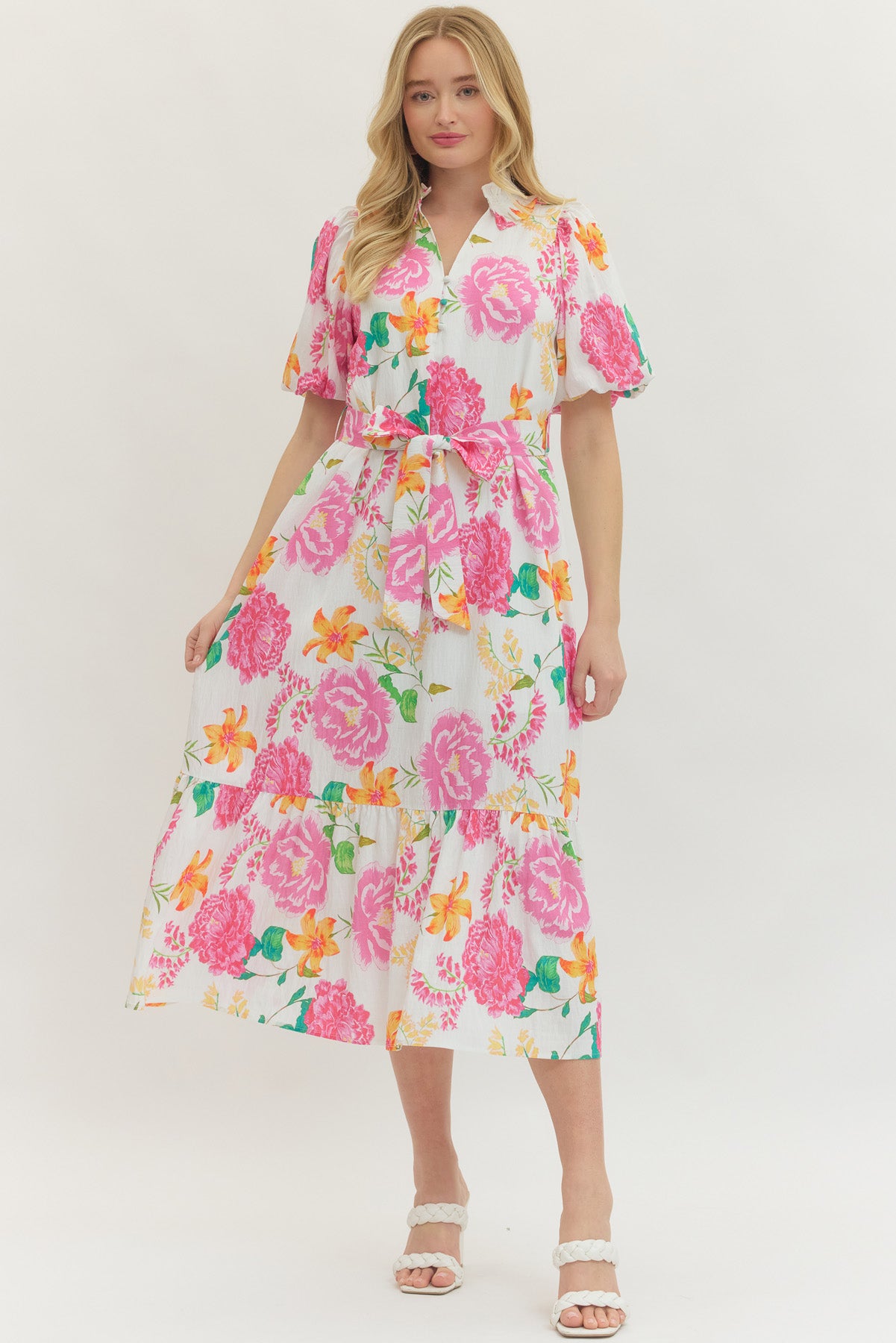 Entro Floral Print Puff Sleeve Midi Dress – Pink Multi-Midi Dresses-entro-Deja Nu Boutique, Women's Fashion Boutique in Lampasas, Texas