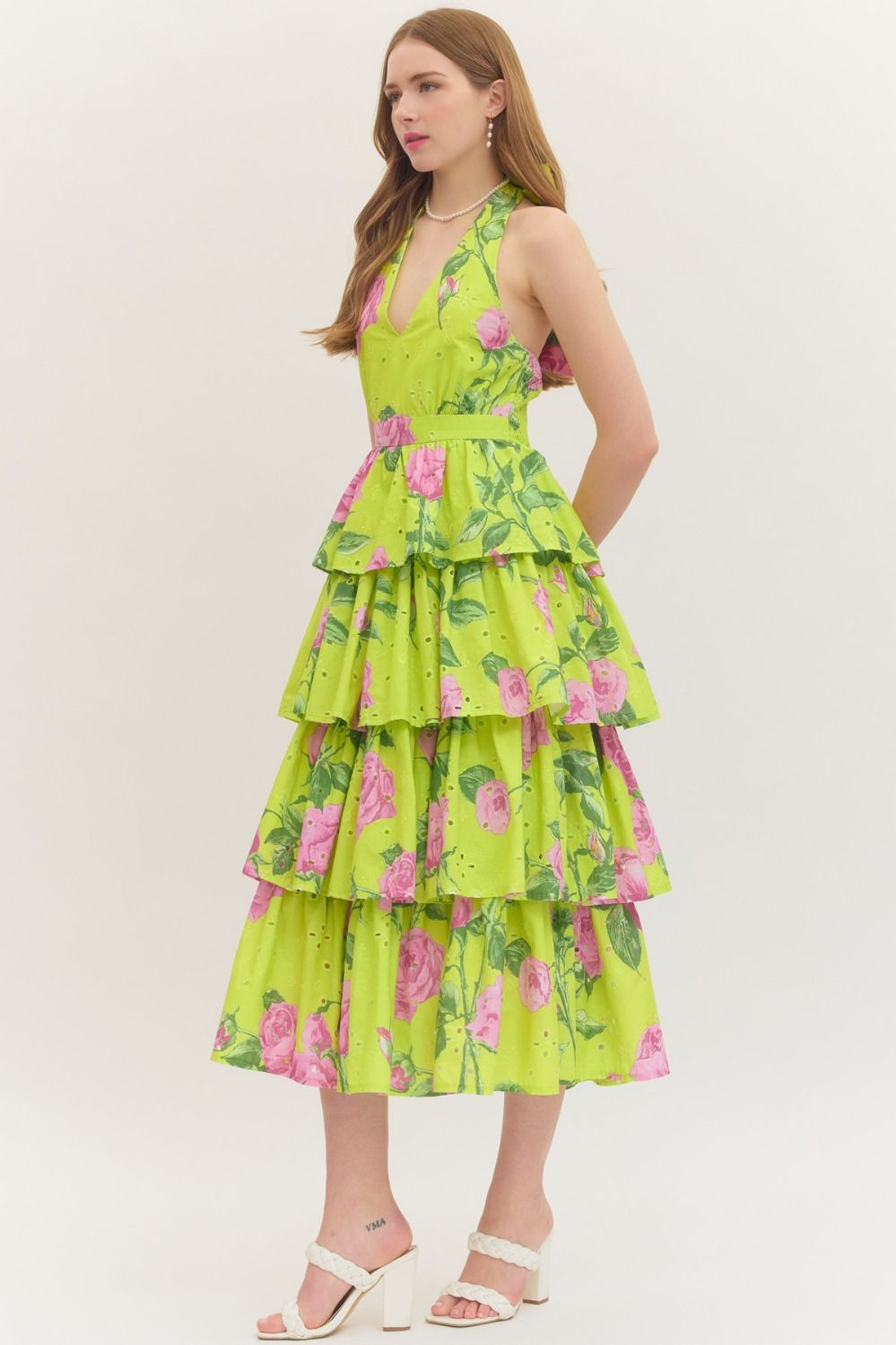 Entro Garden Party Chartreuse Floral Tiered Midi Dress-Midi Dresses-Entro-Deja Nu Boutique, Women's Fashion Boutique in Lampasas, Texas