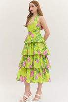Entro Garden Party Chartreuse Floral Tiered Midi Dress-Midi Dresses-Entro-Deja Nu Boutique, Women's Fashion Boutique in Lampasas, Texas