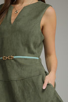 Entro Hunter Green Faux Suede Belted Mini Dress-mini dress-Entro-Deja Nu Boutique, Women's Fashion Boutique in Lampasas, Texas