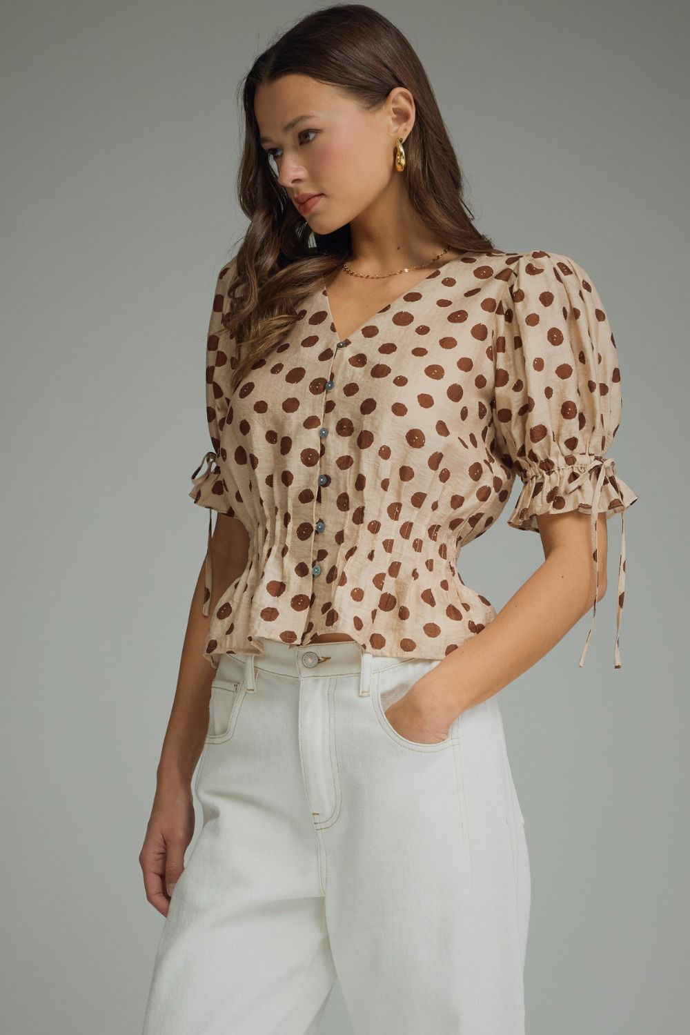 Entro Mocha Polka Dot Smocked Peplum Top-shirts-entro-Deja Nu Boutique, Women's Fashion Boutique in Lampasas, Texas