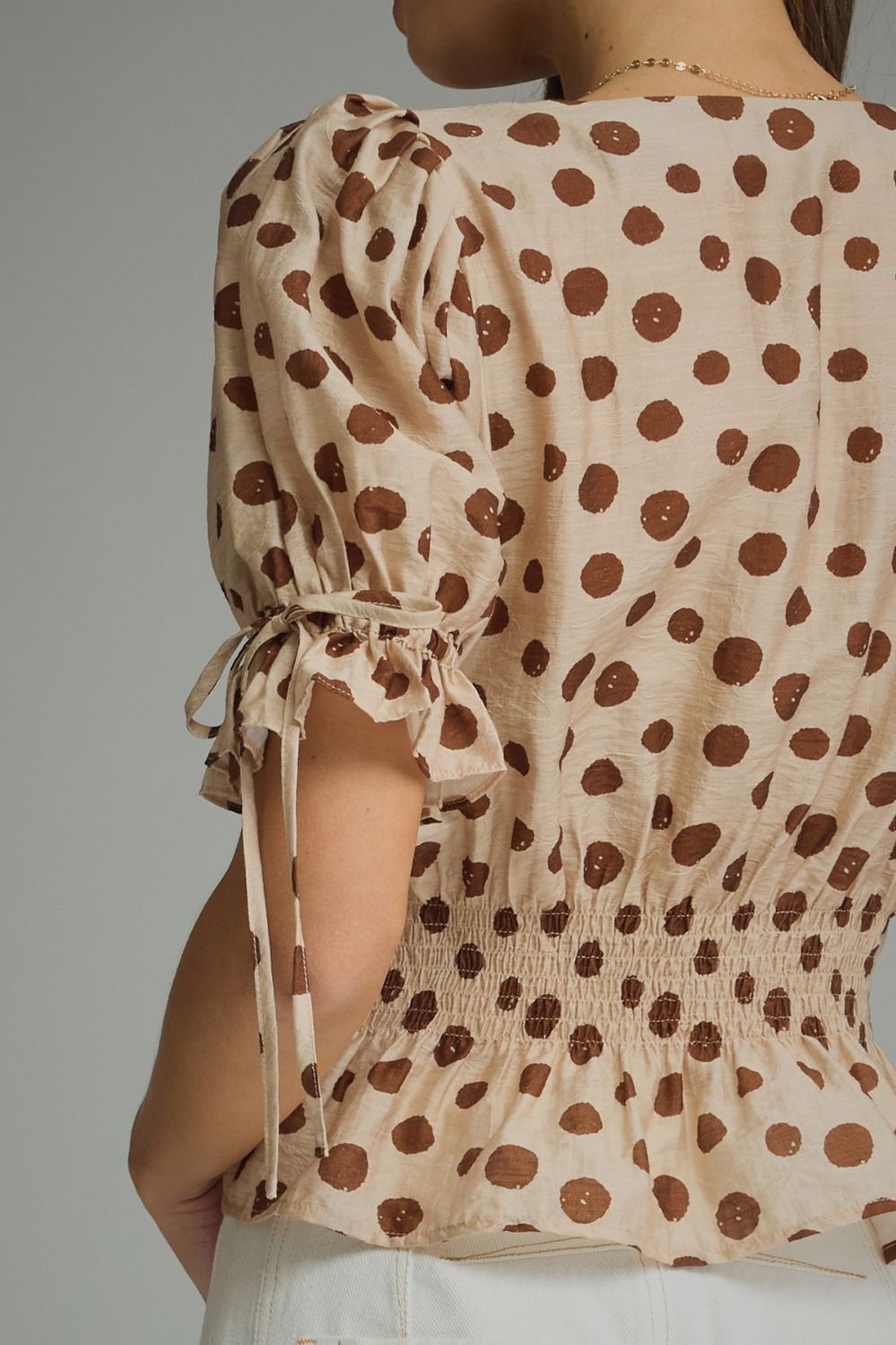 Entro Mocha Polka Dot Smocked Peplum Top-shirts-entro-Deja Nu Boutique, Women's Fashion Boutique in Lampasas, Texas