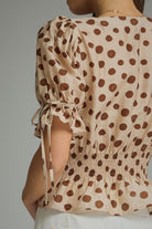 Entro Mocha Polka Dot Smocked Peplum Top-shirts-entro-Deja Nu Boutique, Women's Fashion Boutique in Lampasas, Texas