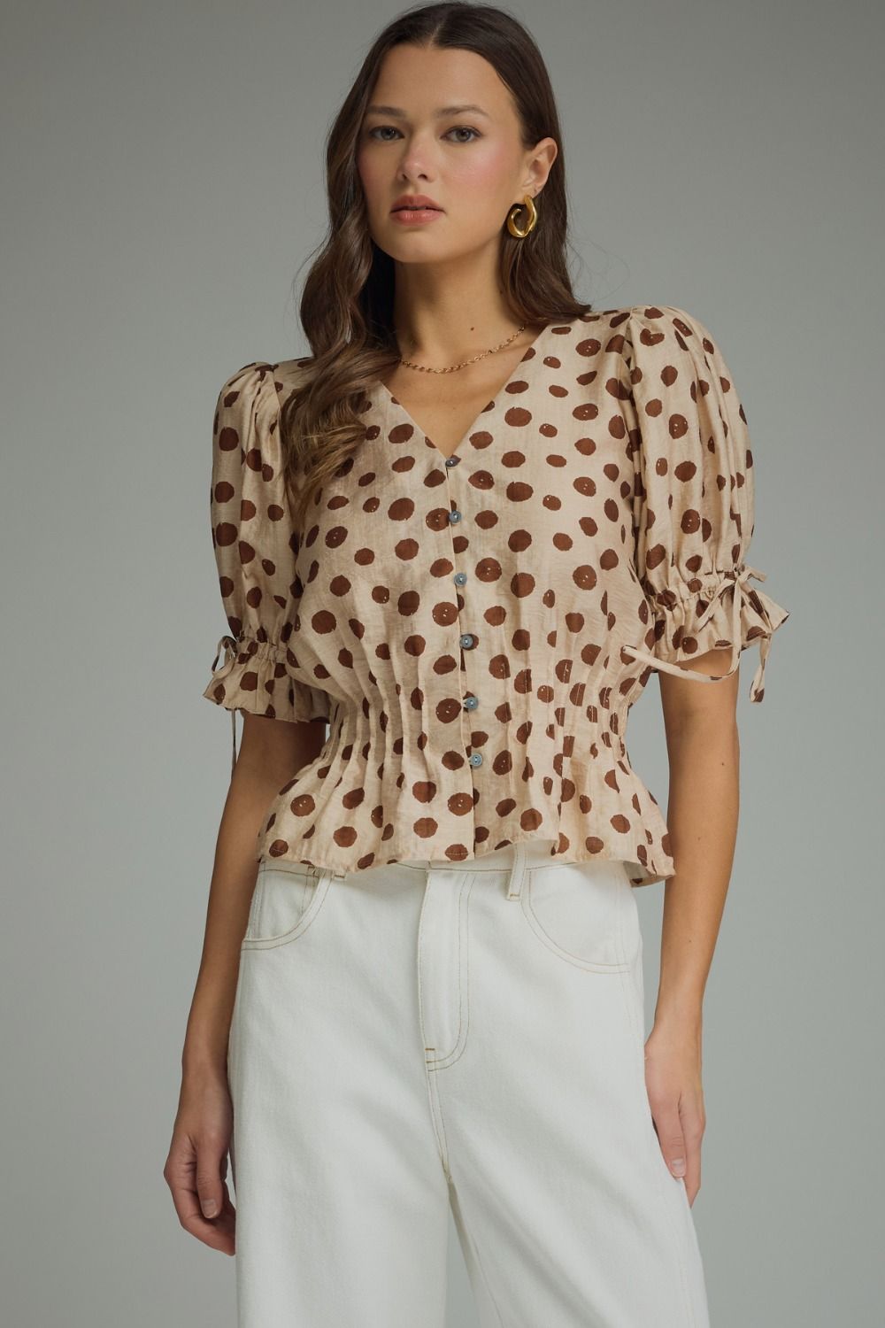 Entro Mocha Polka Dot Smocked Peplum Top-shirts-entro-Deja Nu Boutique, Women's Fashion Boutique in Lampasas, Texas