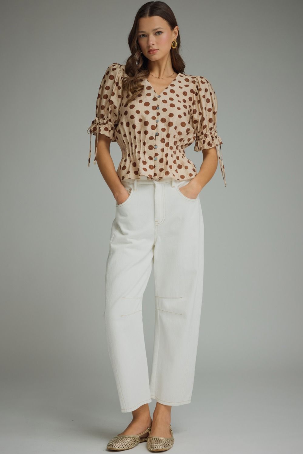 Entro Mocha Polka Dot Smocked Peplum Top-shirts-entro-Deja Nu Boutique, Women's Fashion Boutique in Lampasas, Texas