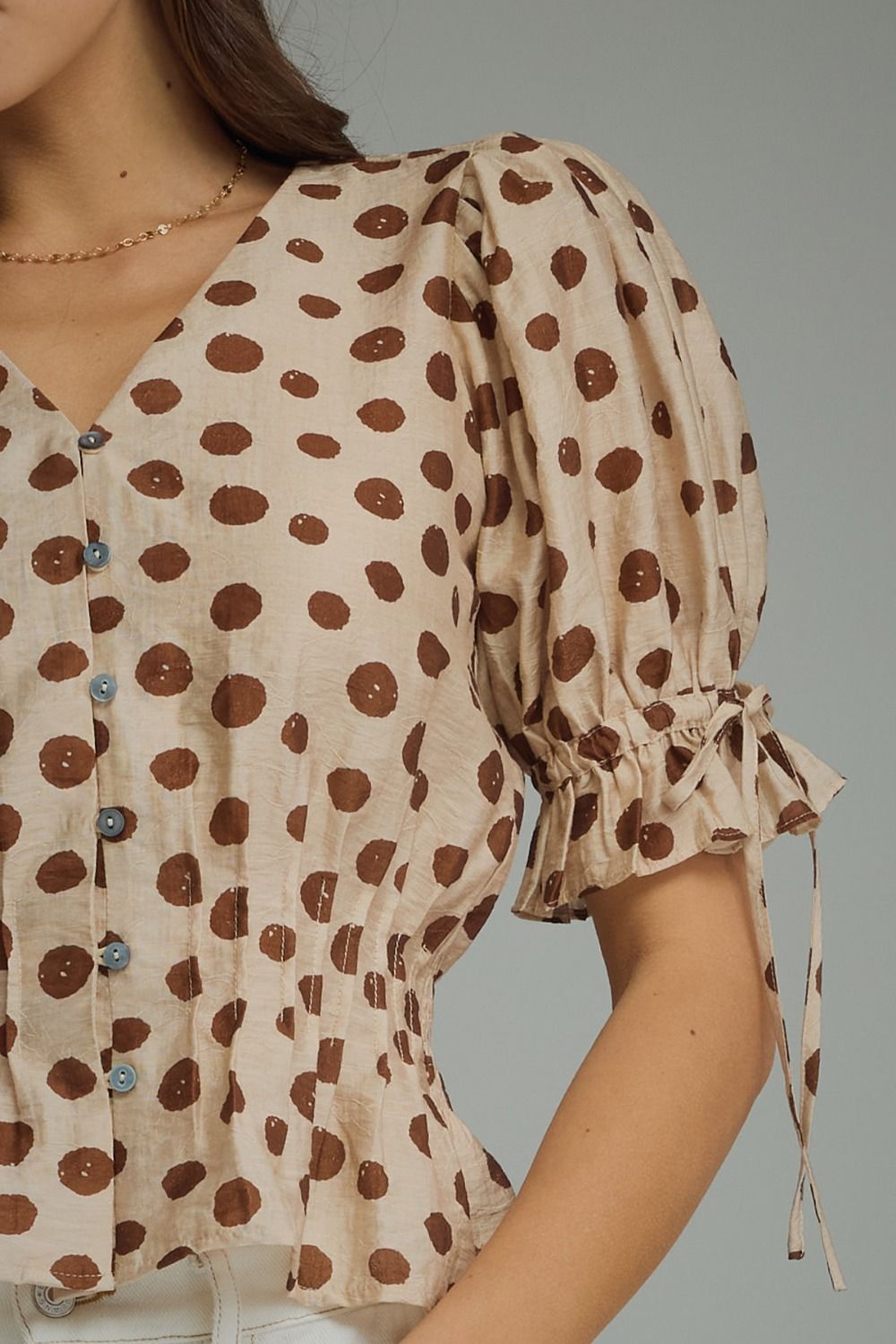 Entro Mocha Polka Dot Smocked Peplum Top-shirts-entro-Deja Nu Boutique, Women's Fashion Boutique in Lampasas, Texas