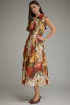 Entro Multi Floral Front Zip Midi Dress-Midi Dresses-entro-Deja Nu Boutique, Women's Fashion Boutique in Lampasas, Texas