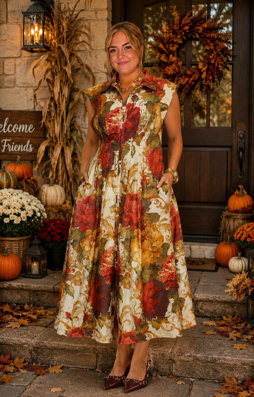 Entro Multi Floral Front Zip Midi Dress-Midi Dresses-entro-Deja Nu Boutique, Women's Fashion Boutique in Lampasas, Texas