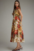 Entro Multi Floral Front Zip Midi Dress-Midi Dresses-entro-Deja Nu Boutique, Women's Fashion Boutique in Lampasas, Texas