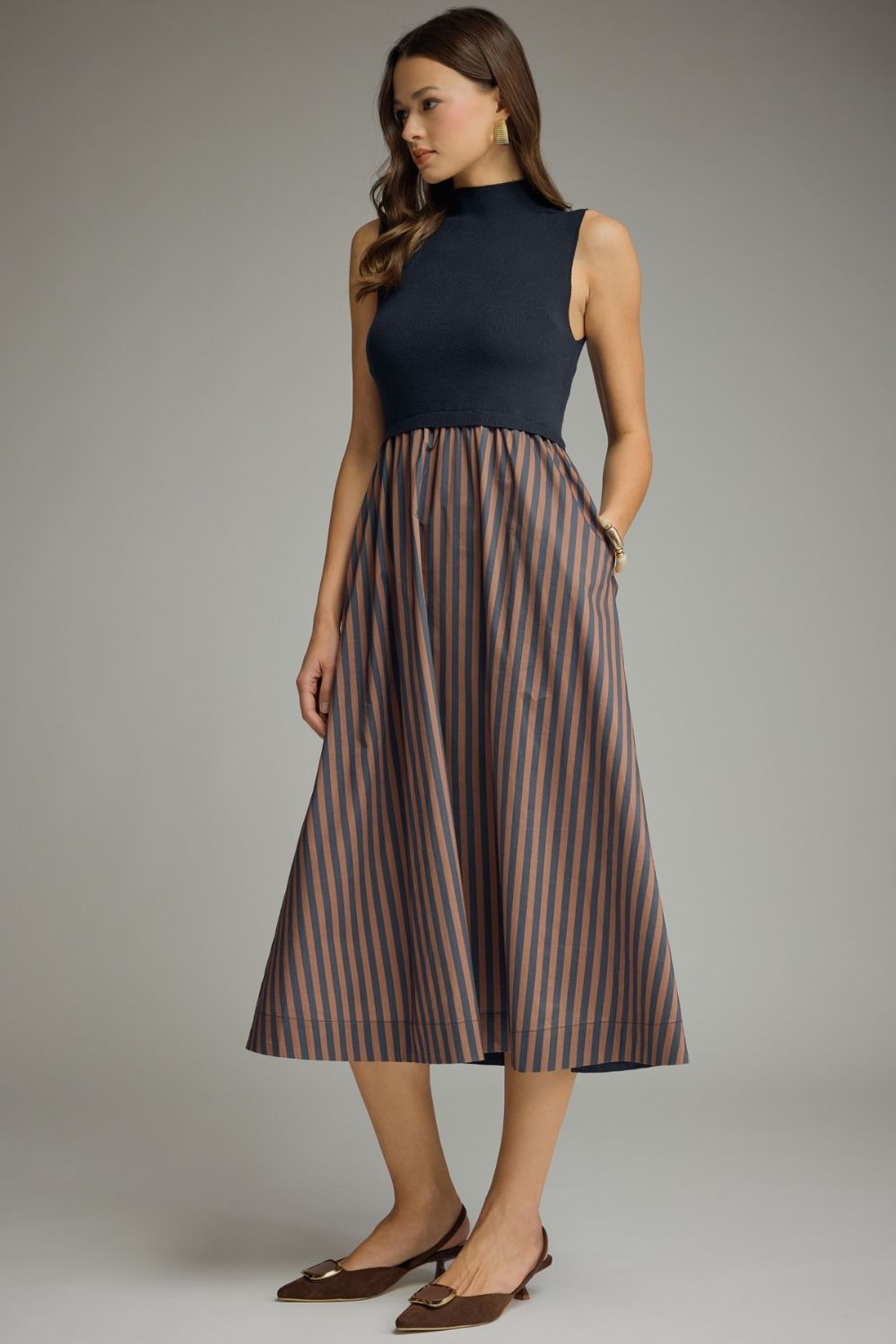 Entro Navy Mock Neck Contrast Stripe Midi Dress-Midi Dresses-Entro-Deja Nu Boutique, Women's Fashion Boutique in Lampasas, Texas
