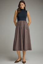 Entro Navy Mock Neck Contrast Stripe Midi Dress-Midi Dresses-Entro-Deja Nu Boutique, Women's Fashion Boutique in Lampasas, Texas