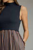 Entro Navy Mock Neck Contrast Stripe Midi Dress-Midi Dresses-Entro-Deja Nu Boutique, Women's Fashion Boutique in Lampasas, Texas