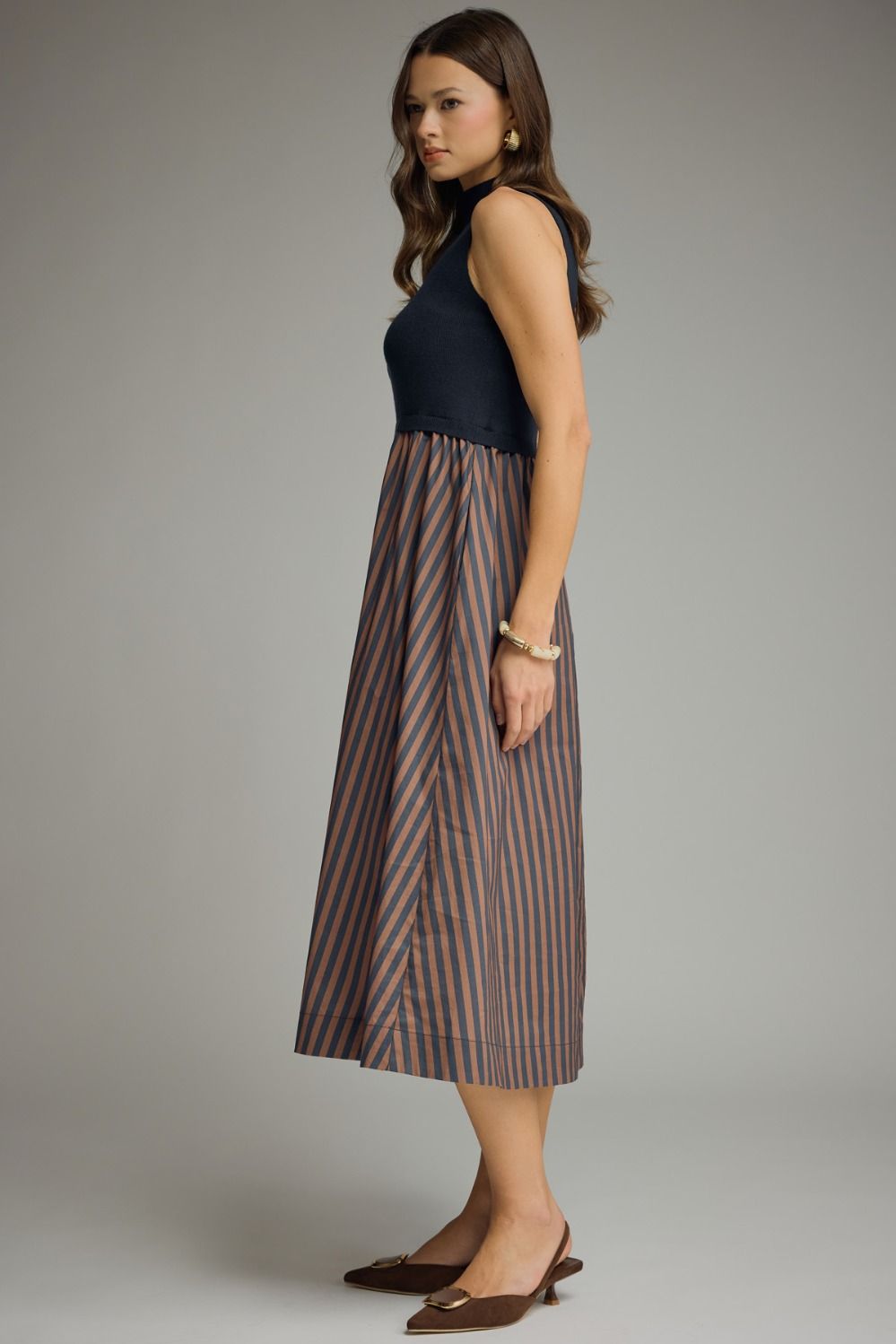 Entro Navy Mock Neck Contrast Stripe Midi Dress-Midi Dresses-Entro-Deja Nu Boutique, Women's Fashion Boutique in Lampasas, Texas