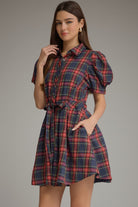 Entro Navy Plaid Puff Sleeve Belted Mini Dress-mini dress-entro-Deja Nu Boutique, Women's Fashion Boutique in Lampasas, Texas