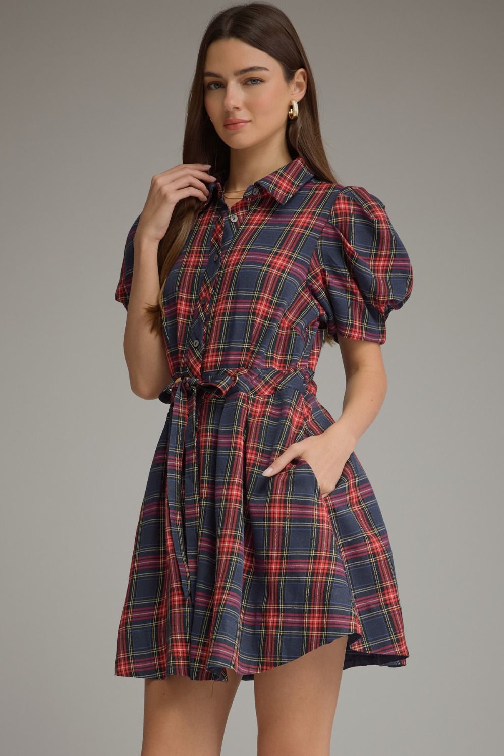 Entro Navy Plaid Puff Sleeve Belted Mini Dress-mini dress-entro-Deja Nu Boutique, Women's Fashion Boutique in Lampasas, Texas