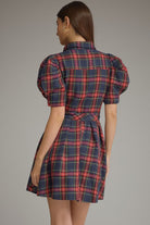 Entro Navy Plaid Puff Sleeve Belted Mini Dress-mini dress-entro-Deja Nu Boutique, Women's Fashion Boutique in Lampasas, Texas