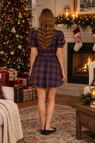 Entro Navy Plaid Puff Sleeve Belted Mini Dress-mini dress-entro-Deja Nu Boutique, Women's Fashion Boutique in Lampasas, Texas