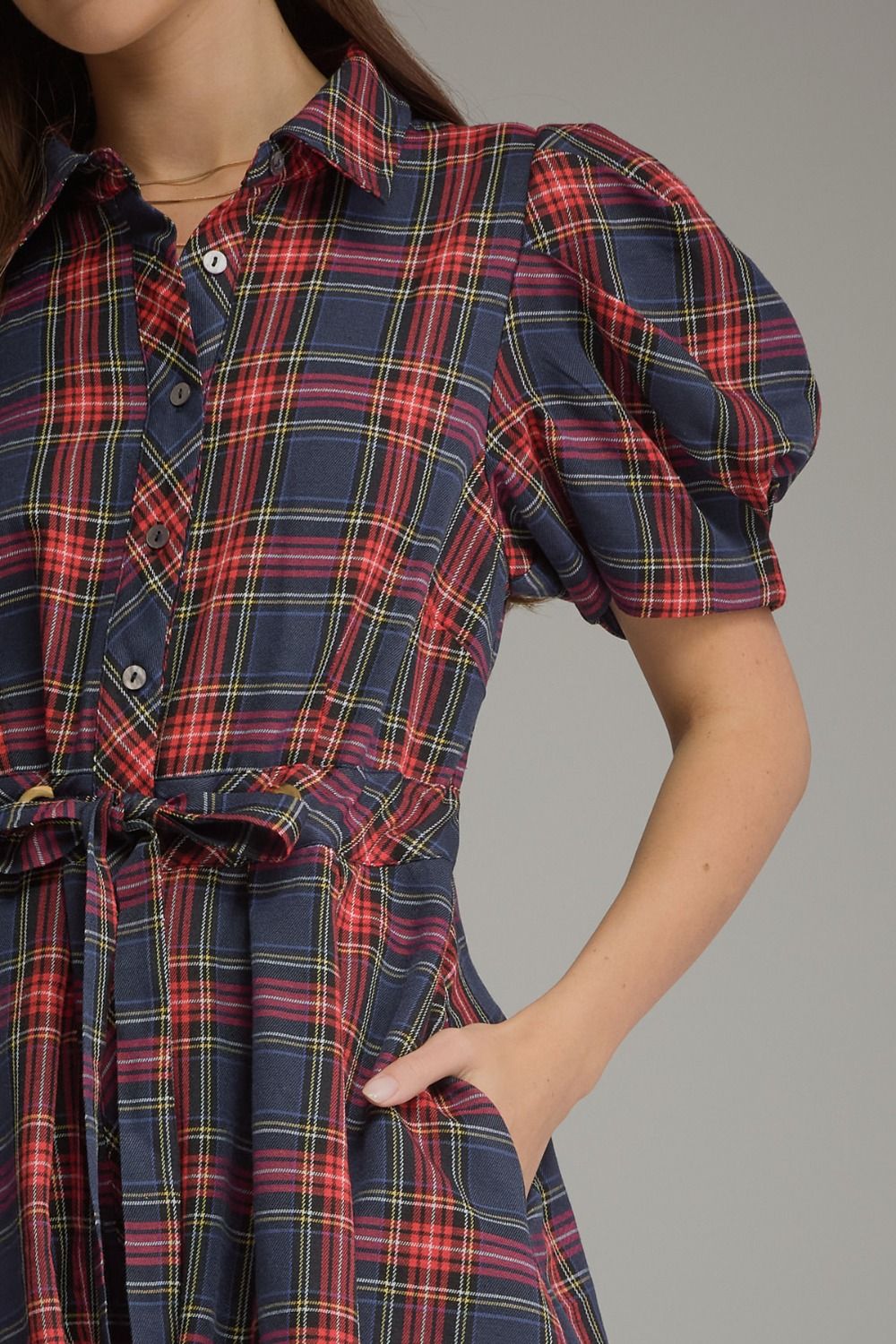 Entro Navy Plaid Puff Sleeve Belted Mini Dress-mini dress-entro-Deja Nu Boutique, Women's Fashion Boutique in Lampasas, Texas