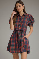 Entro Navy Plaid Puff Sleeve Belted Mini Dress-mini dress-entro-Deja Nu Boutique, Women's Fashion Boutique in Lampasas, Texas