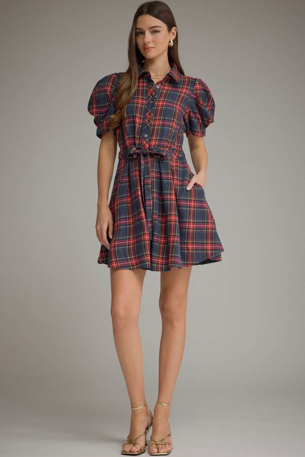 Entro Navy Plaid Puff Sleeve Belted Mini Dress-mini dress-entro-Deja Nu Boutique, Women's Fashion Boutique in Lampasas, Texas