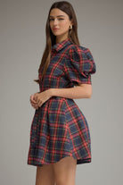 Entro Navy Plaid Puff Sleeve Belted Mini Dress-mini dress-entro-Deja Nu Boutique, Women's Fashion Boutique in Lampasas, Texas