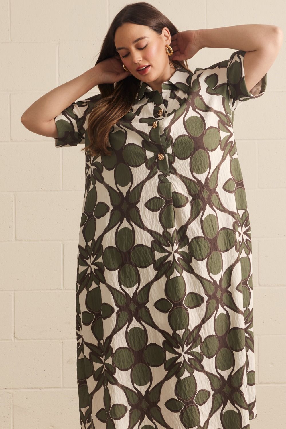 Entro Olive Abstract Print Midi Shirt Dress-Curvy/Plus Dresses-entro-Deja Nu Boutique, Women's Fashion Boutique in Lampasas, Texas