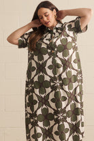 Entro Olive Abstract Print Midi Shirt Dress-Curvy/Plus Dresses-entro-Deja Nu Boutique, Women's Fashion Boutique in Lampasas, Texas