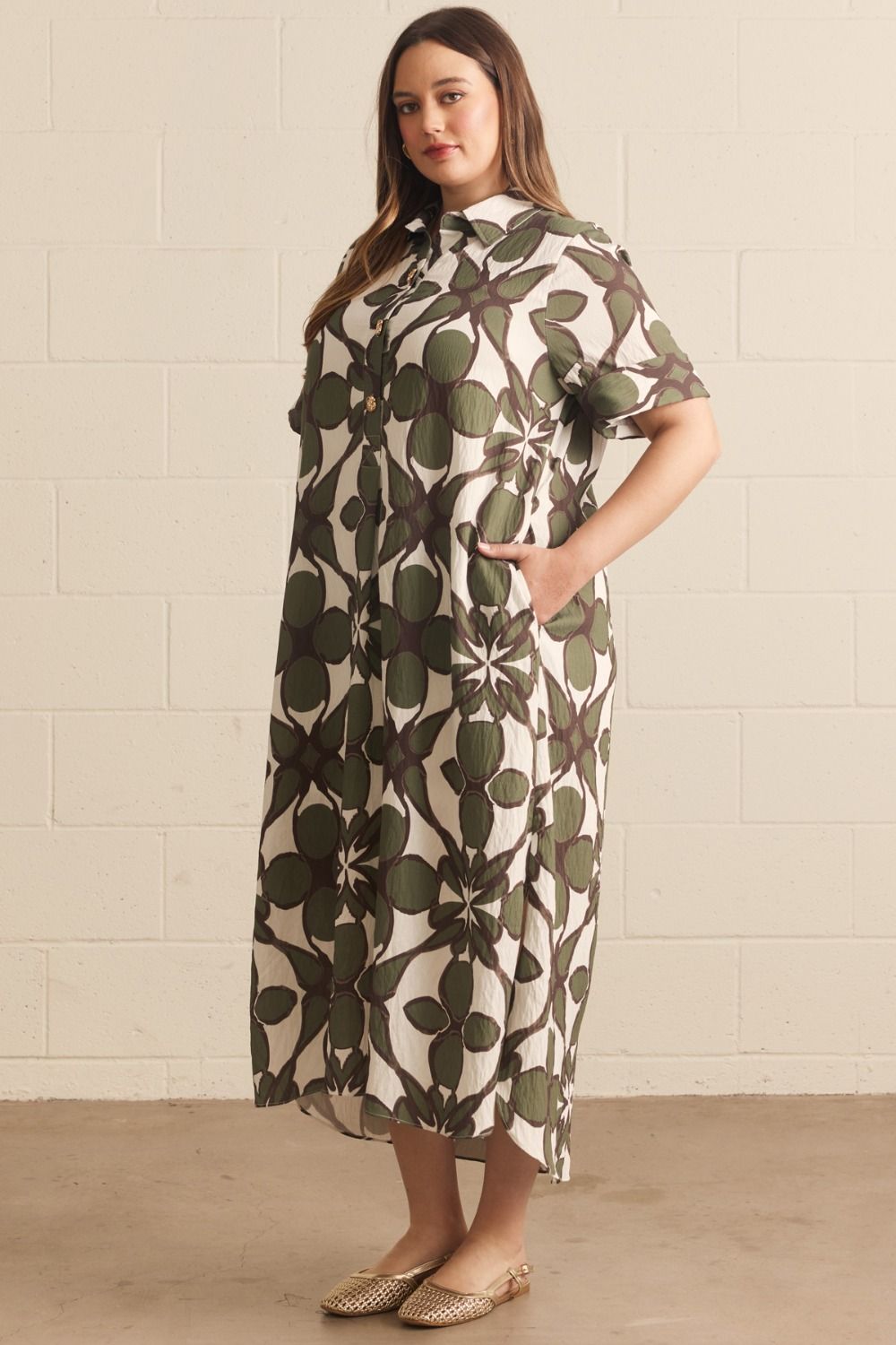 Entro Olive Abstract Print Midi Shirt Dress-Curvy/Plus Dresses-entro-Deja Nu Boutique, Women's Fashion Boutique in Lampasas, Texas