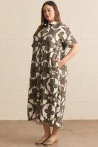 Entro Olive Abstract Print Midi Shirt Dress-Curvy/Plus Dresses-entro-Deja Nu Boutique, Women's Fashion Boutique in Lampasas, Texas