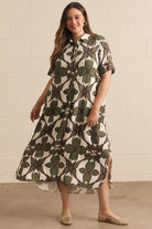 Entro Olive Abstract Print Midi Shirt Dress-Curvy/Plus Dresses-entro-Deja Nu Boutique, Women's Fashion Boutique in Lampasas, Texas