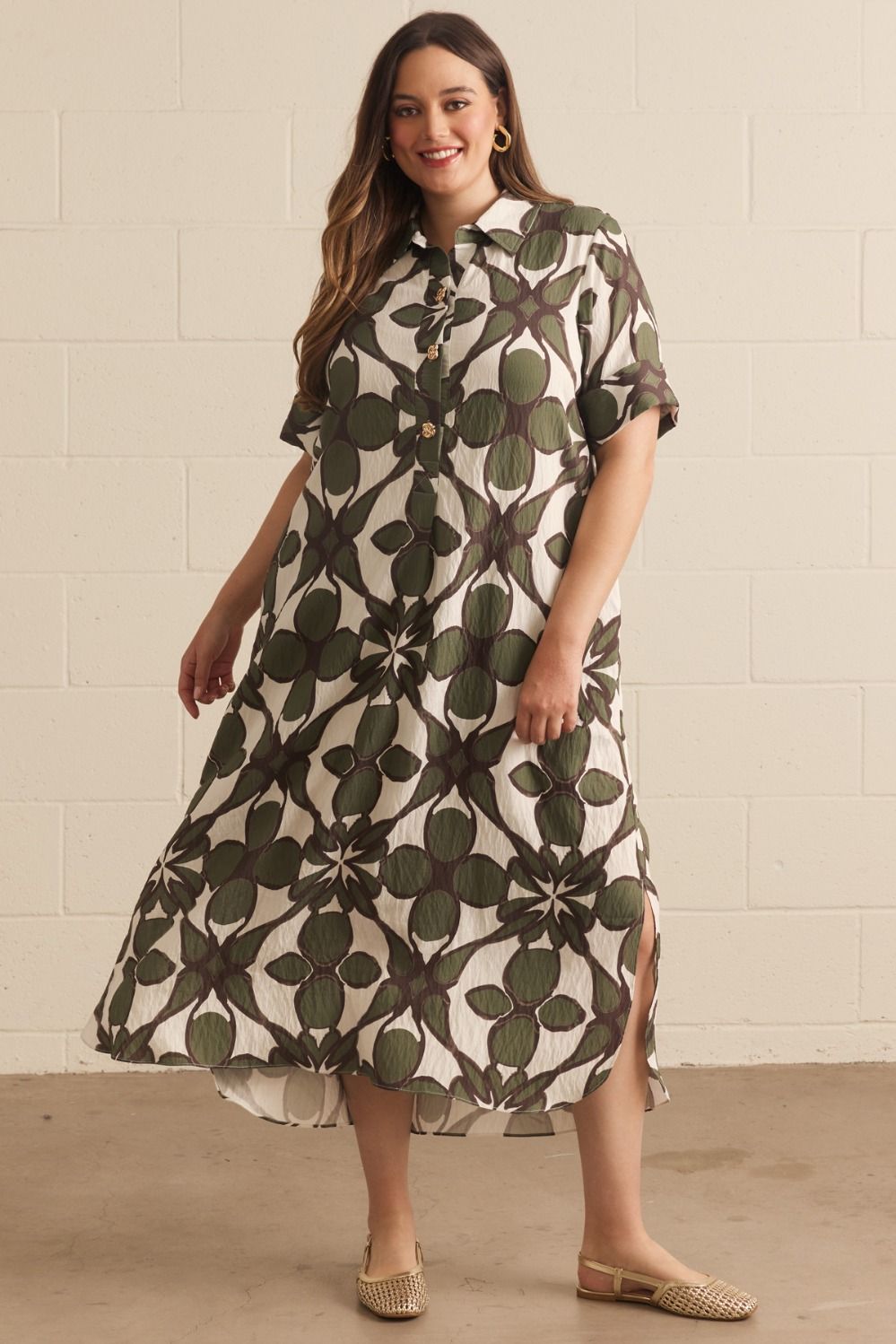 Entro Olive Abstract Print Midi Shirt Dress-Curvy/Plus Dresses-entro-Deja Nu Boutique, Women's Fashion Boutique in Lampasas, Texas