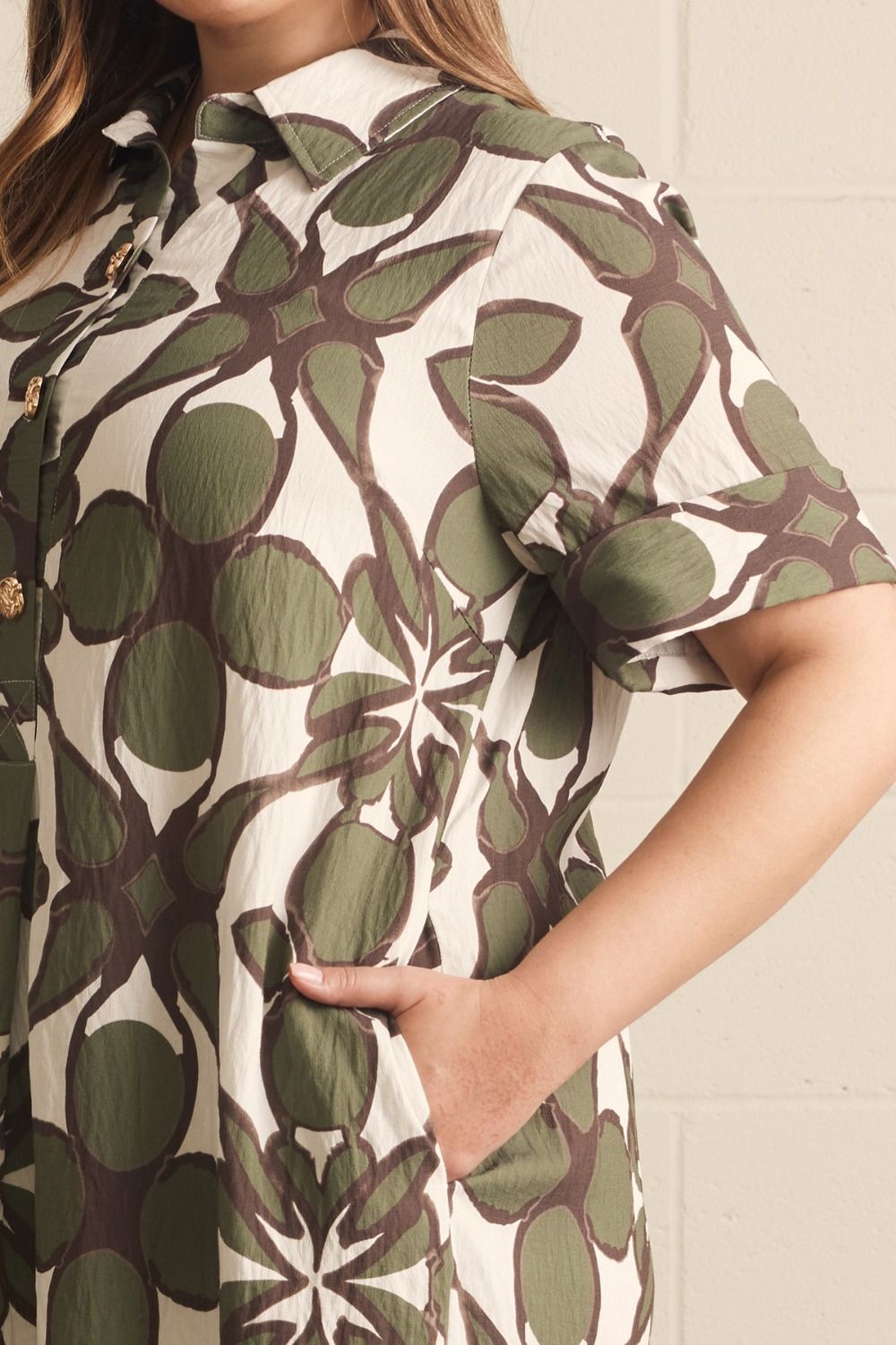 Entro Olive Abstract Print Midi Shirt Dress-Curvy/Plus Dresses-entro-Deja Nu Boutique, Women's Fashion Boutique in Lampasas, Texas