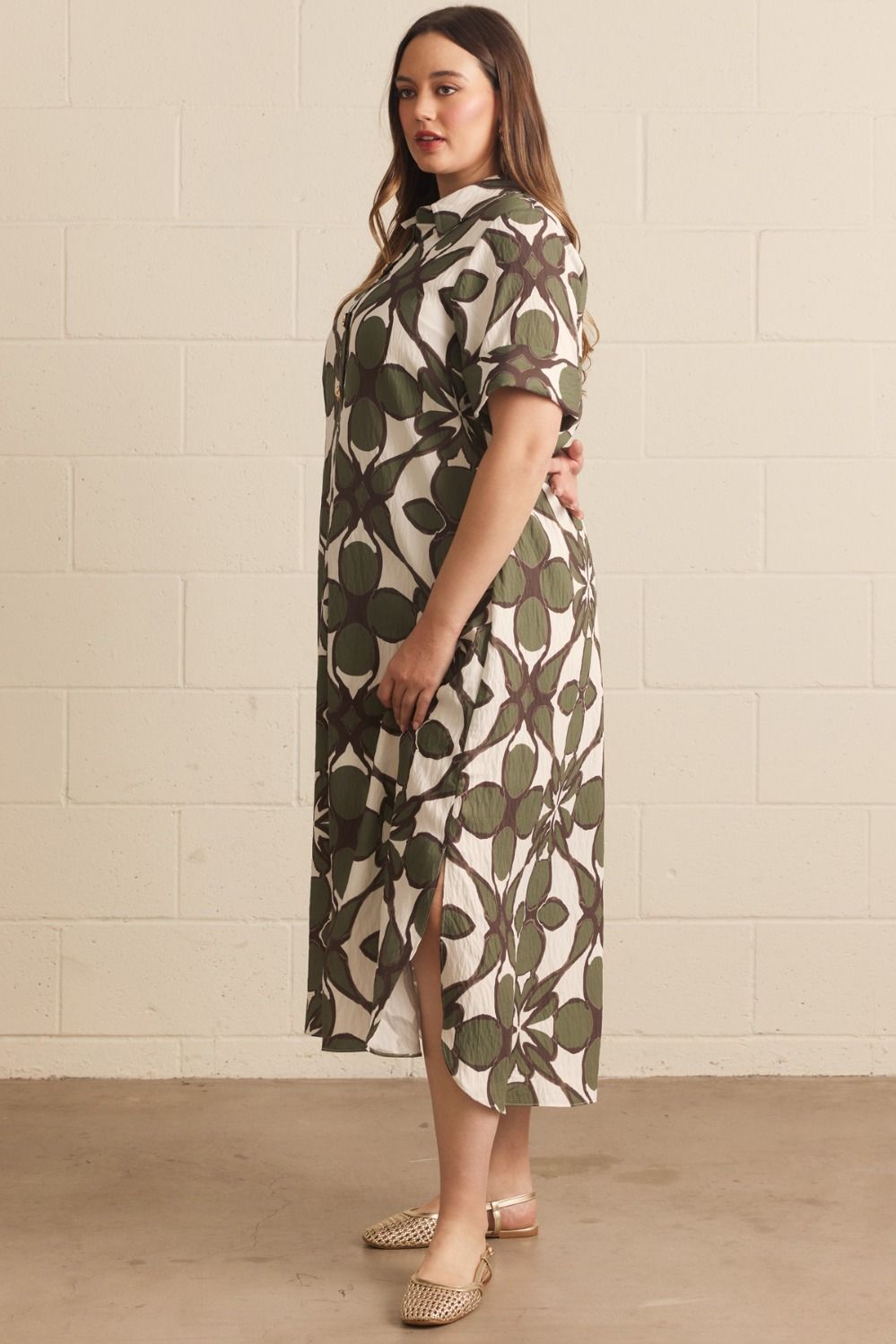 Entro Olive Abstract Print Midi Shirt Dress-Curvy/Plus Dresses-entro-Deja Nu Boutique, Women's Fashion Boutique in Lampasas, Texas