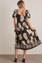 Entro Olive Floral Border Print Midi Dress-Midi Dresses-Entro-Deja Nu Boutique, Women's Fashion Boutique in Lampasas, Texas