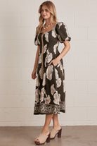 Entro Olive Floral Border Print Midi Dress-Midi Dresses-Entro-Deja Nu Boutique, Women's Fashion Boutique in Lampasas, Texas