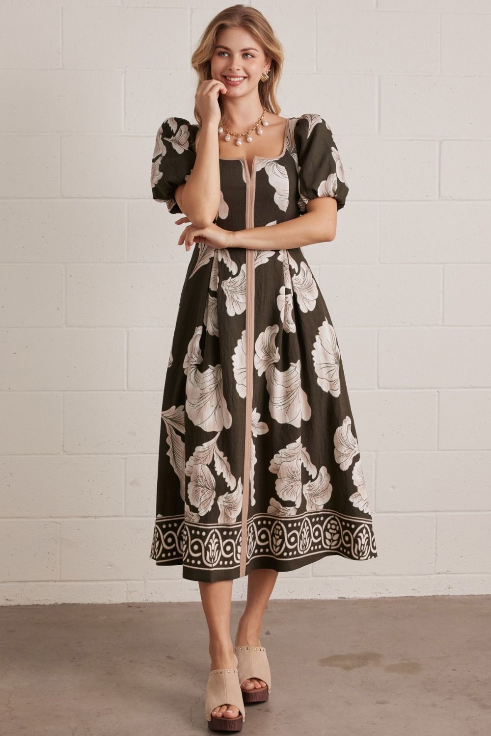 Entro Olive Floral Border Print Midi Dress-Midi Dresses-Entro-Deja Nu Boutique, Women's Fashion Boutique in Lampasas, Texas