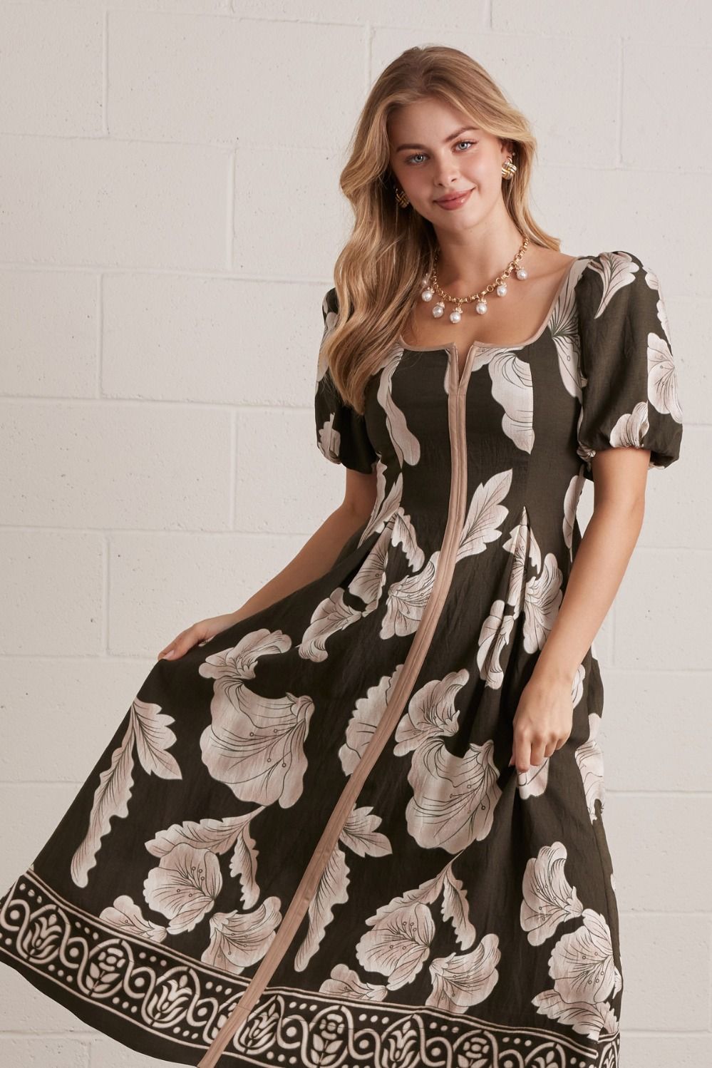Entro Olive Floral Border Print Midi Dress-Midi Dresses-Entro-Deja Nu Boutique, Women's Fashion Boutique in Lampasas, Texas