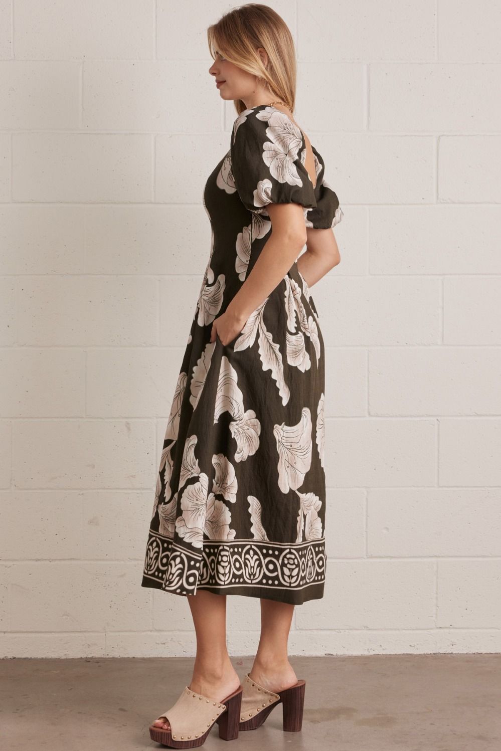Entro Olive Floral Border Print Midi Dress-Midi Dresses-Entro-Deja Nu Boutique, Women's Fashion Boutique in Lampasas, Texas