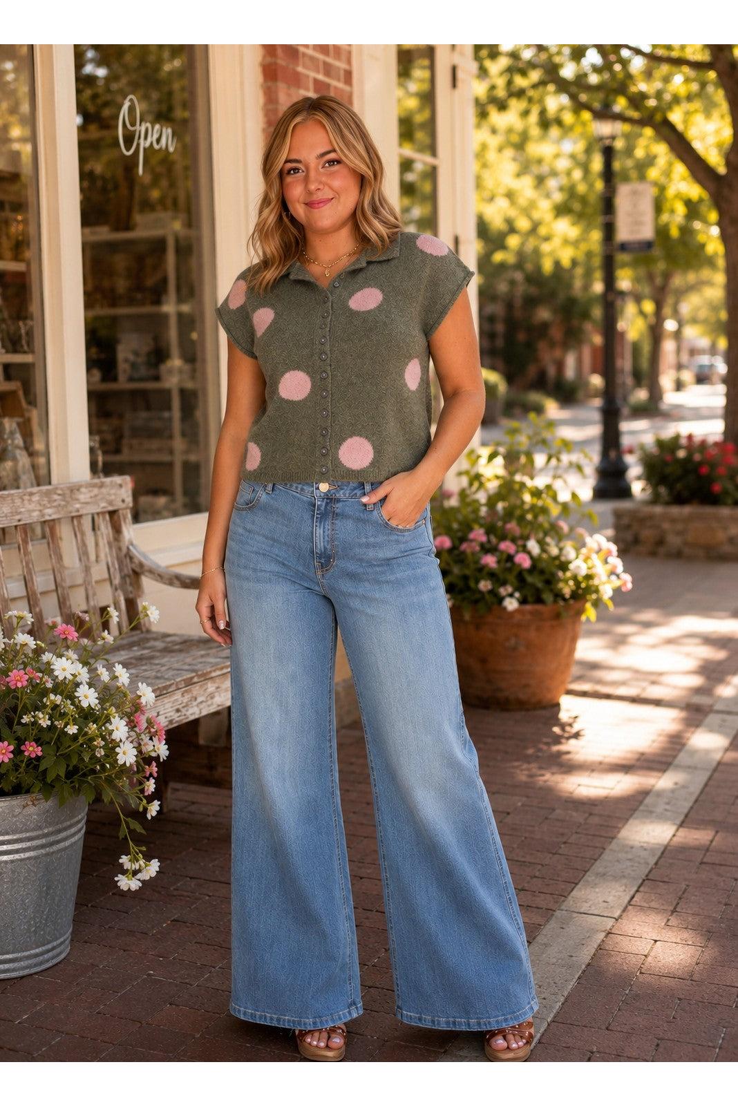Entro Olive Polka Dot Sweater Knit Top-Sweaters-entro-Deja Nu Boutique, Women's Fashion Boutique in Lampasas, Texas