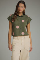 Entro Olive Polka Dot Sweater Knit Top-Sweaters-entro-Deja Nu Boutique, Women's Fashion Boutique in Lampasas, Texas