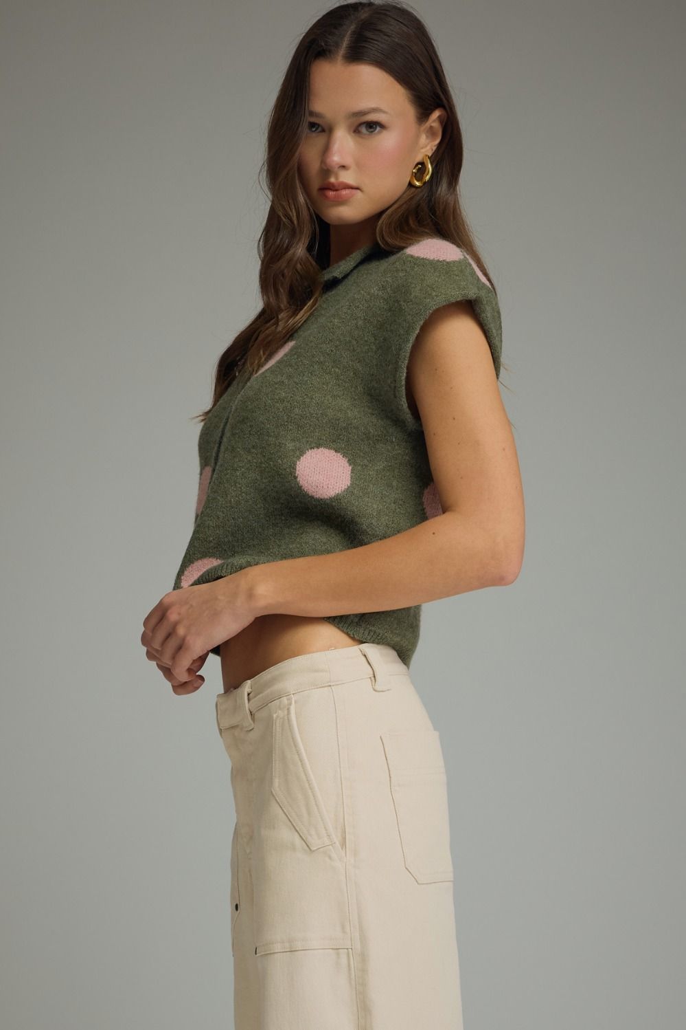 Entro Olive Polka Dot Sweater Knit Top-Sweaters-entro-Deja Nu Boutique, Women's Fashion Boutique in Lampasas, Texas