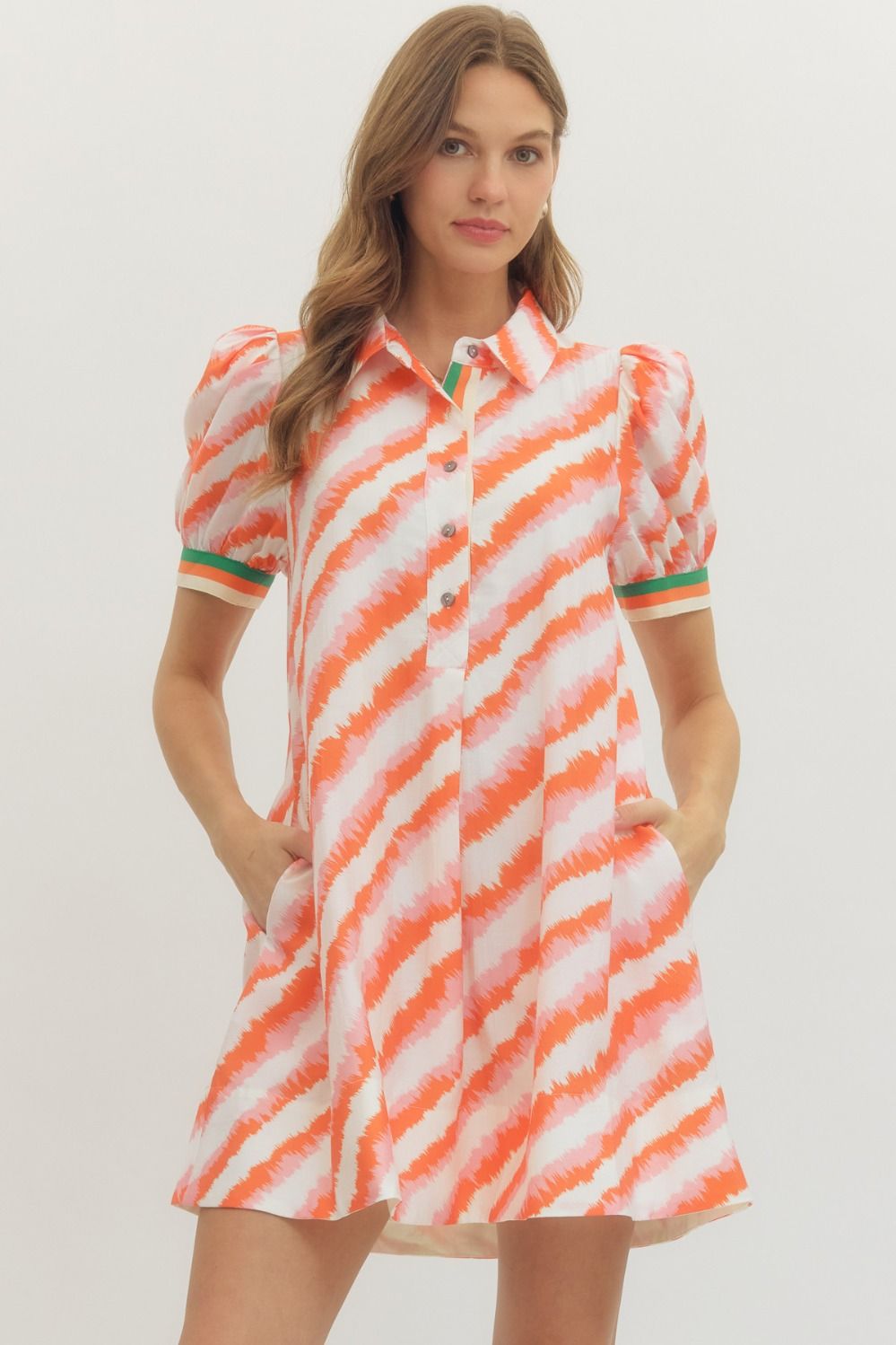 Entro Orange Multi Print Puff Sleeve Mini Dress-mini dress-Entro-Deja Nu Boutique, Women's Fashion Boutique in Lampasas, Texas