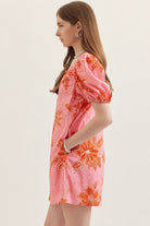 Entro Pink Botanical Print Puff Sleeve Mini Dress-mini dress-entro-Deja Nu Boutique, Women's Fashion Boutique in Lampasas, Texas
