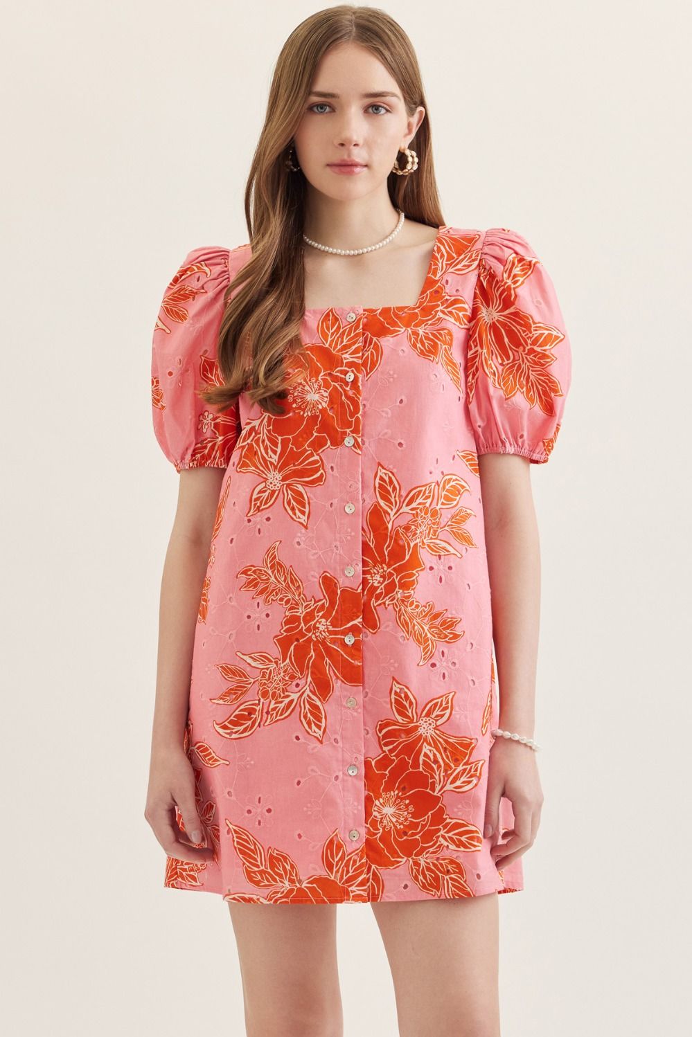 Entro Pink Botanical Print Puff Sleeve Mini Dress-mini dress-entro-Deja Nu Boutique, Women's Fashion Boutique in Lampasas, Texas
