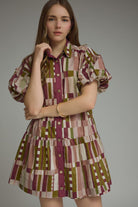 Entro Plum Abstract Print Puff Sleeve Tiered Mini Dress-mini dress-Entro-Deja Nu Boutique, Women's Fashion Boutique in Lampasas, Texas