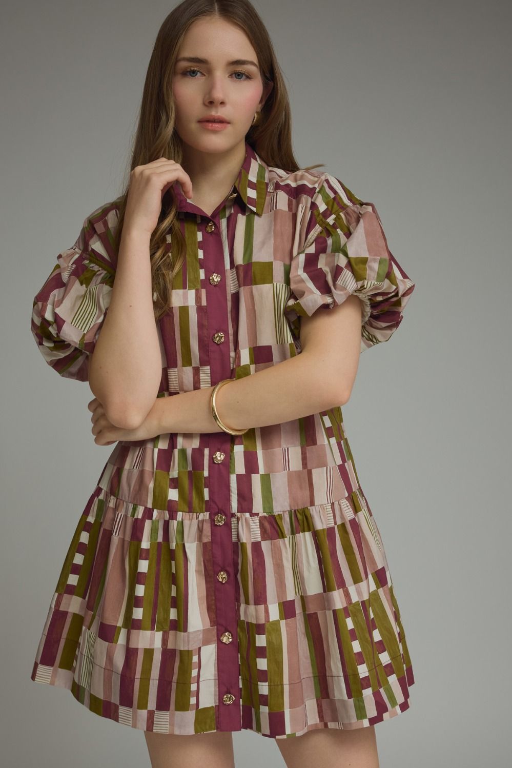 Entro Plum Abstract Print Puff Sleeve Tiered Mini Dress-mini dress-Entro-Deja Nu Boutique, Women's Fashion Boutique in Lampasas, Texas