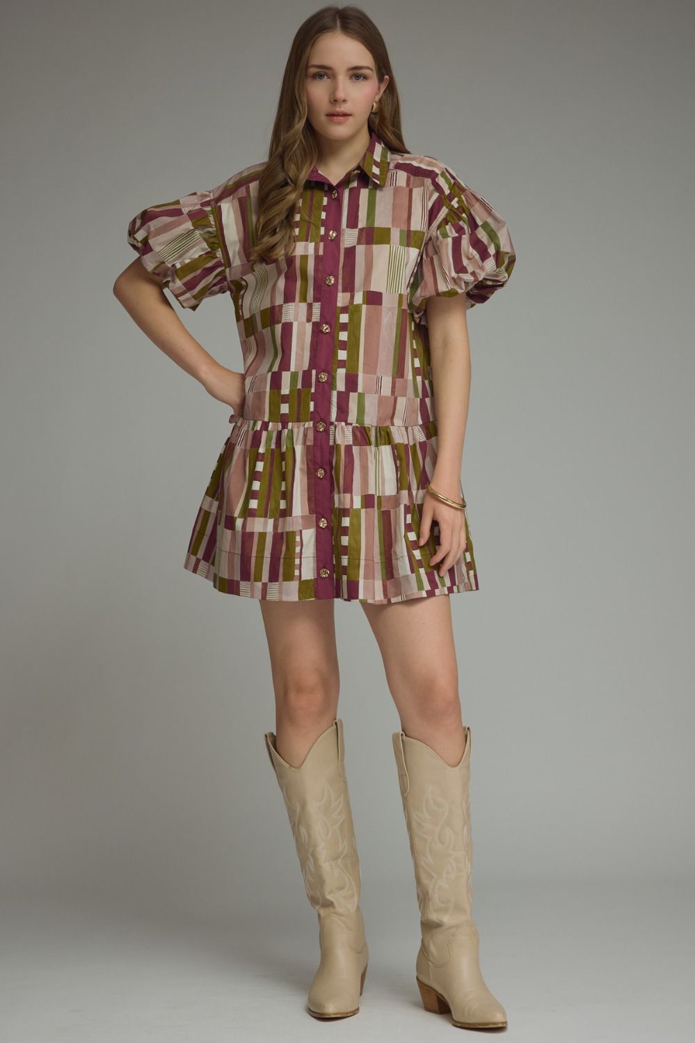 Entro Plum Abstract Print Puff Sleeve Tiered Mini Dress-mini dress-Entro-Deja Nu Boutique, Women's Fashion Boutique in Lampasas, Texas